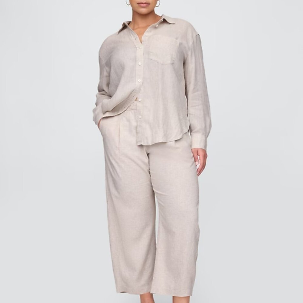 GAP Womens cream wide leg linen Easy Wear elastic waist chino Pant Size Med